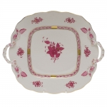 Chinese Bouquet Raspberry Square Cake Plate with Handles 9 1/2\ 9.5\ Square



