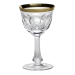 Lady Hamilton Gilded Band Goblet The Lady Hamilton pattern is an example of the \papal\ cut so called because it is a derivative of the Pope pattern and its defining panel cuts. The Pope pattern was commissioned by Pope Pius XI in 1923 while its offspring Lady Hamilton was first produced in 1934. Lady Hamilton has become one of Moser\'s superlative patterns and continues to be very popular to this day.

Each stem is finished with a 24 karat gold band.

Please call store for delivery timing.