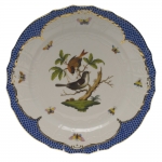 Rothschild Bird Blue Border Service Plate, Motif #4 The well-known Rothschild Bird design is made even more elaborate and elegant with the addition of a scalloped blue edge treatment bordered in 24kt gold. 
