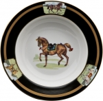 Imperial Horse Rim Soup  Inspired by 18th century Continental paintings depicting the Noble Horse of Royalty, Julie Wear presents high spirited horses caparisoned in regal trappings, with ornamental saddles and bridles and adorned with tassels; she translates them into a highly sophisticated design that makes a bold statement on any table. Dramatic black ground accented with gold, including hand painted burnished gold cup handles enhances the splendor of the magnificent Imperial Horse.

Please call store for delivery timing.
