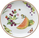 Summerlea Melon and Blackberry Salad Plate Julie Wear gathers ordinary fruits and vegetables from the garden and combines them together in unexpected ways to create a pattern of delightful color and movement. 