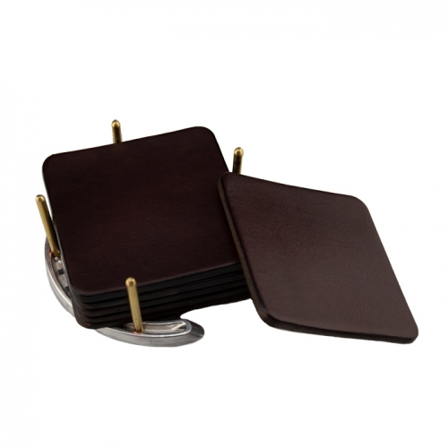 Leather Coasters on Horseshoe Base, Set of 6 3.75\ Square
Dark Brown

Handmade in Kentucky
Includes horseshoe stand and complimentary embossing

As each piece is handmade, personalize this item. Contact us for pricing and availability.