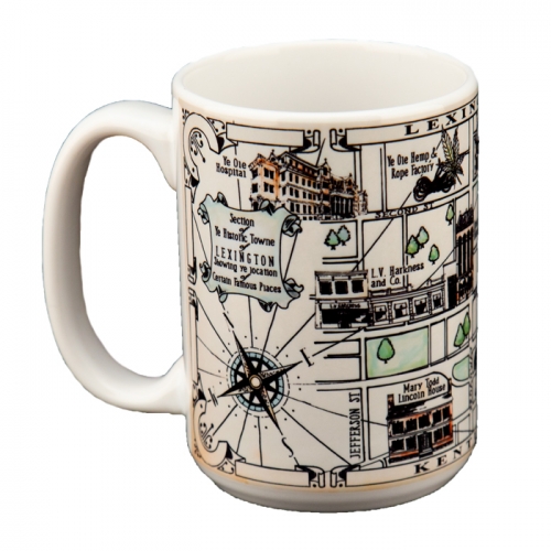Vintage Lexington Map Mug A fun keepsake for locals and visitors alike, this mug features a fun design showing Lexington landmarks from our early days.