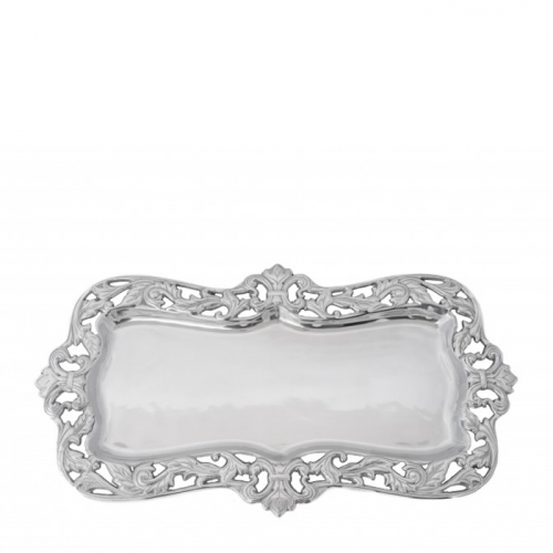 Fleur-De-Lis Acanthus Oblong Tray  22\ x 17\

Wash by hand with mild dish soap and dry immediately - do not put in dishwasher.
Aluminum Serveware can be chilled in the freezer or refrigerator and warmed in the oven to 350