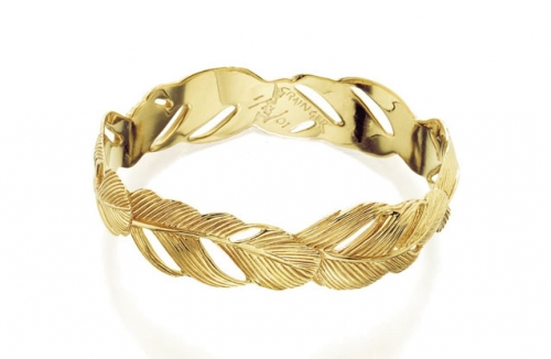Wide Feather 14kt Gold Bangle Bracelet