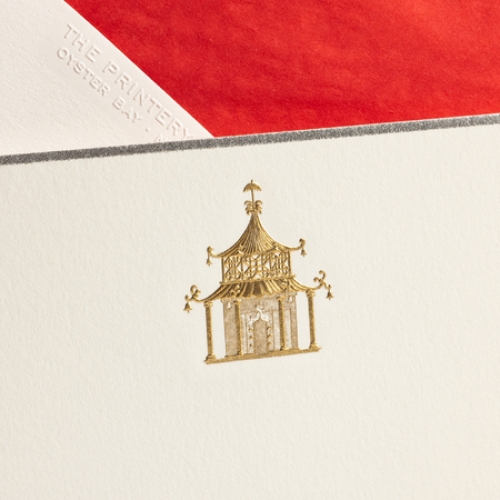 Pagoda Engraved Note Cards Flat cards
Hand lined red tissue envelopes

Personalize with a name or initials on the top or bottom of each card.
Color to match motif unless specified otherwise.


