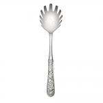 Repousse Sterling Pasta Server, Hollow Handle A pieced spoon used to serve spaghetti, fettuccine and fusilli.

Sure to become the conversation piece at any dining occasion, this ornate pattern is embellished with an abundance of floral motifs along the entire stem and handle. Named after the art of repoussé - the process of embossing metal from the back by hammering - this luxurious design was first crafted in 1828 and continues to endure as a popular collectible. It adds a distinctive touch to traditional and formal settings, or can lend a surprising pop of texture to a simple modern table. 

Polish your sterling silver once or twice a year, whether or not it has been used regularly. Hand wash and dry immediately with a chamois or soft cotton cloth to avoid spotting. 
