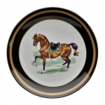 Imperial Horse Salad Plate Inspired by 18th century Continental paintings depicting the Noble Horse of Royalty, Julie Wear presents high spirited horses caparisoned in regal trappings, with ornamental saddles and bridles and adorned with tassels; she translates them into a highly sophisticated design that makes a bold statement on any table. Dramatic black ground accented with gold, including hand painted burnished gold cup handles enhances the splendor of the magnificent Imperial Horse.

Please call store for delivery timing.