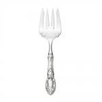 King Richard Sterling Large Serving Fork Named for the Richard the Lion Hearted, this pattern was inspired by the rich architectural decoration of old English mansions. Introduced in 1932, the design appears to be deeply carved so the details stand out clearly, offsetting the central ornamental shield mimicking those carried by knights during the crusades and the pointed oval top and neck framed in curling leaves. The confident styling will elevate every meal into a festive dining experience, and enhance traditional and formal settings. 

Polish your sterling silver once or twice a year, whether or not it has been used regularly. Hand wash and dry immediately with a chamois or soft cotton cloth to avoid spotting.