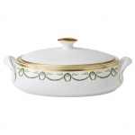 Titanic Covered Vegetable Dish Serve up your vegetables from this beautiful fine bone china, handled vegetable dish which comes with lid to truly impress your dinner guests. A re-launched pattern to mark the 100th anniversary of the infamous ship\'s launch, the Titanic pattern, in the style of Louis XVI this design features a delicate gold layered border with painted ornaments of chaplet and festoons finished in tints of green. Each piece is finished in burnished gold. A sophisticated design suitable for fine dining, afternoon tea or light lunch. 