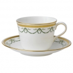 Titanic Tea Cup and Saucer A round, traditionally shaped fine bone china tea cup and saucer perfectly sized for a morning cup of tea or afternoon drink. A re-launched pattern to mark the 100th anniversary of the infamous ship\'s launch, the Titanic pattern, in the style of Louis XVI this design features a delicate gold layered border with painted ornaments of chaplet and festoons finished in tints of green. Each piece is finished in burnished gold. A sophisticated design suitable for fine dining, afternoon tea or light lunch. 
