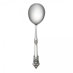 Rose Point Sterling Salad Serving Spoon Inspired by the Venetian lace of the traditional rose point wedding veil, this pattern features a full-blown rose-the symbolic flower of love-floating amid a web of silver lace and a pearl of geometric regularity. Introduced in 1934, the Venetian Renaissance styling captures the lost art of hand-sewn lace while keeping the magic of the wedding and mood of eternal romance alive as you use it day after day for family meals and special occasions.

Polish your sterling silver once or twice a year, whether or not it has been used regularly. Hand wash and dry immediately with a chamois or soft cotton cloth to avoid spotting.
