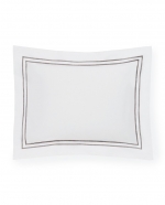Grande Hotel White/Grey Standard Pillow Sham These linens are styled after those that grace the beds of some of the finest hotels in the world. So if you\'re wondering why you always sleep so well in a five-star hotel, this may be the answer. This ever-popular percale is embroidered with tailored double-rows of satin stitch in colors numerous enough to thrill a decorator. Plus, they\'re woven by our masters in Italy to last through many washings.

Fabrication:
Percale with double-row of satin stitch embroidery
Duvet Cover: U-Shape on top of bed
Shams: 4-sides
Flat Sheet and Pillowcases: Along cuff

Finishing:
Knife-edge hem on Duvet Covers
Classic-style flanges, approximate measurements:
Shams: 3-inches; Boudoir: 2-inches
Flat Sheet and Pillowcase cuffs: 4-inches

Hem:
Plain
