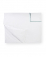 Grande Hotel White/Aqua King Duvet Cover These linens are styled after those that grace the beds of some of the finest hotels in the world. So if you\'re wondering why you always sleep so well in a five-star hotel, this may be the answer. This ever-popular percale is embroidered with tailored double-rows of satin stitch in colors numerous enough to thrill a decorator. Plus, they\'re woven by our masters in Italy to last through many washings. 

Fabrication:
Percale with double-row of satin stitch embroidery
Duvet Cover: U-Shape on top of bed
Shams: 4-sides
Flat Sheet and Pillowcases: Along cuff

Finishing:
Knife-edge hem on Duvet Covers
Classic-style flanges, approximate measurements:
Shams: 3-inches; Boudoir: 2-inches
Flat Sheet and Pillowcase cuffs: 4-inches

Hem:
Plain 

Care:
Machine wash warm water on gentle cycle. Do not use bleach (bleaching may weaken fabric & cause yellowing). Do not use fabric softener. Wash dark colors separately. Tumble dry on low heat. Remove while still damp. Steam iron on \cotton\ setting on the reverse side of the fabric. 