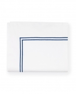 Grande Hotel White/Navy King Flat Sheet These linens are styled after those that grace the beds of some of the finest hotels in the world. So if you\'re wondering why you always sleep so well in a five-star hotel, this may be the answer. This ever-popular percale is embroidered with tailored double-rows of satin stitch in colors numerous enough to thrill a decorator. Plus, they\'re woven by our masters in Italy to last through many washings.

Fabrication:
Percale with double-row of satin stitch embroidery
Duvet Cover: U-Shape on top of bed
Shams: 4-sides
Flat Sheet and Pillowcases: Along cuff

Finishing:
Knife-edge hem on Duvet Covers
Classic-style flanges, approximate measurements:
Shams: 3-inches; Boudoir: 2-inches
Flat Sheet and Pillowcase cuffs: 4-inches

Hem:
Plain
