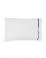 Grande Hotel White/Navy King Pillowcases, Pair These linens are styled after those that grace the beds of some of the finest hotels in the world. So if you\'re wondering why you always sleep so well in a five-star hotel, this may be the answer. This ever-popular percale is embroidered with tailored double-rows of satin stitch in colors numerous enough to thrill a decorator. Plus, they\'re woven by our masters in Italy to last through many washings.

Fabrication:
Percale with double-row of satin stitch embroidery
Duvet Cover: U-Shape on top of bed
Shams: 4-sides
Flat Sheet and Pillowcases: Along cuff

Finishing:
Knife-edge hem on Duvet Covers
Classic-style flanges, approximate measurements:
Shams: 3-inches; Boudoir: 2-inches
Flat Sheet and Pillowcase cuffs: 4-inches

Hem:
Plain
