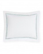 Grande Hotel White/Aqua Standard Pillow Sham These linens are styled after those that grace the beds of some of the finest hotels in the world. So if you\'re wondering why you always sleep so well in a five-star hotel, this may be the answer. This ever-popular percale is embroidered with tailored double-rows of satin stitch in colors numerous enough to thrill a decorator. Plus, they\'re woven by our masters in Italy to last through many washings.

Fabrication:
Percale with double-row of satin stitch embroidery
Duvet Cover: U-Shape on top of bed
Shams: 4-sides
Flat Sheet and Pillowcases: Along cuff

Finishing:
Knife-edge hem on Duvet Covers
Classic-style flanges, approximate measurements:
Shams: 3-inches; Boudoir: 2-inches
Flat Sheet and Pillowcase cuffs: 4-inches

Hem:
Plain