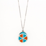 Turquoise and Orange Jockey Hat Pendant 1\ x 1.25\
Sterling Silver and Enamel Inlay
Handmade piece by artist Dennis Meade
Chain sold separately
